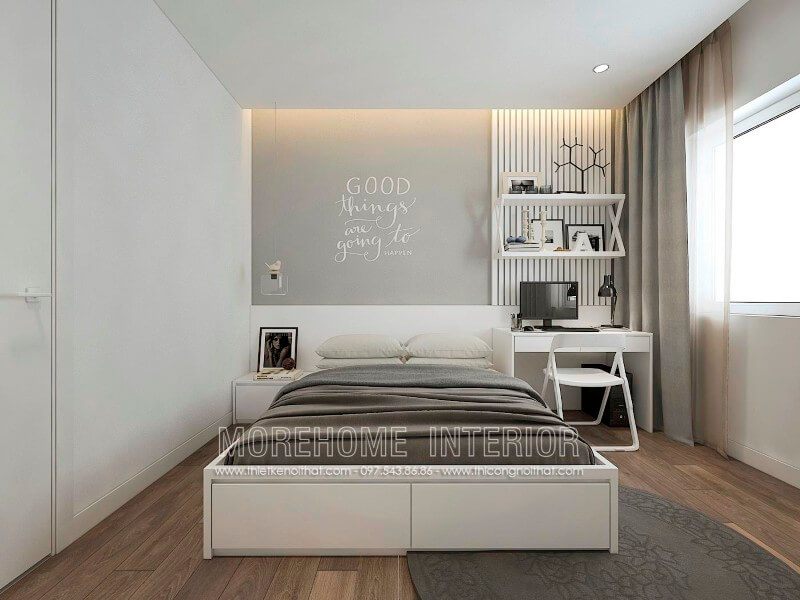 Thiết kế giường ngủ con trai phong cách hiện đại, trẻ trung, ở không gian này, KTS cũng lựa chọn tone màu trắng chủ đạo mang lại cho khu vực phòng ngủ thêm cơi nới, rộng rãi hơn