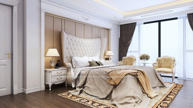 Nội thất giường ngủ tân cổ điển cho căn hộ chung cư cao cấp, phần đầu giường bọc da cách điệu với lối thiết kế tỉ mỉ từng nút múi mang lại sự phá cách mạnh mẽ đầy tính nghệ thuật